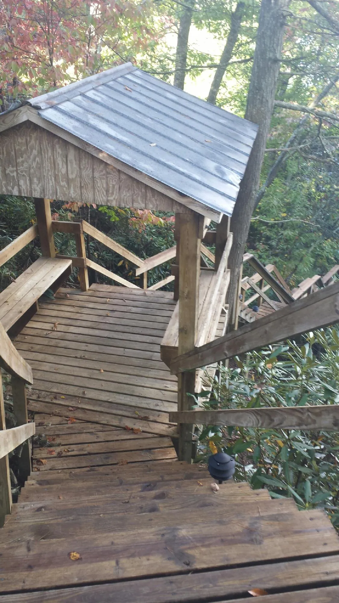 Metal roofed shelter over wooden steps on a wooded walkway — Skylight Repair & Installation work by our crew in Jamieson